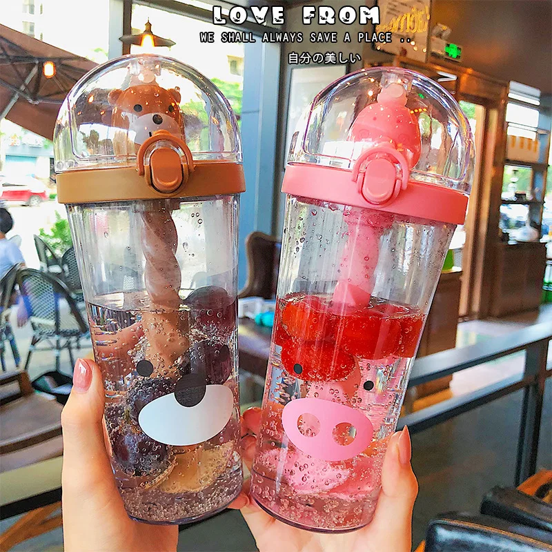 

500ml Cartoon Stirring Water Bottles Plastic Kettle Straw Bar Shake Cup Fruit with Juice Mix Portable Stir Large Capacity