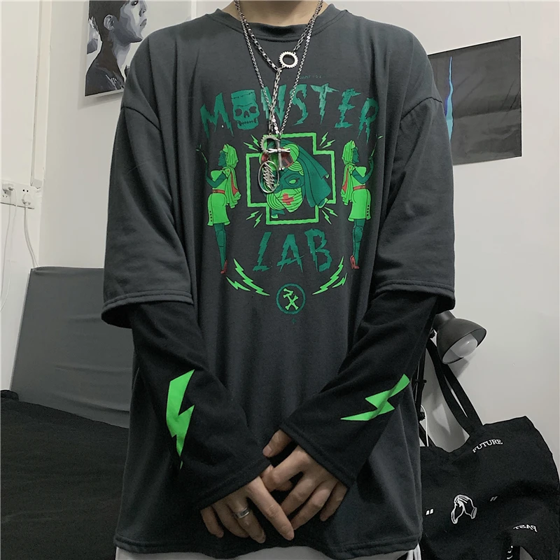 Woherb Harajuku футболка для женщин и мужчин поддельные 2 шт. мультфильм Письмо печати с длинным рукавом рубашка мода уличная Vete мужчины t Femme