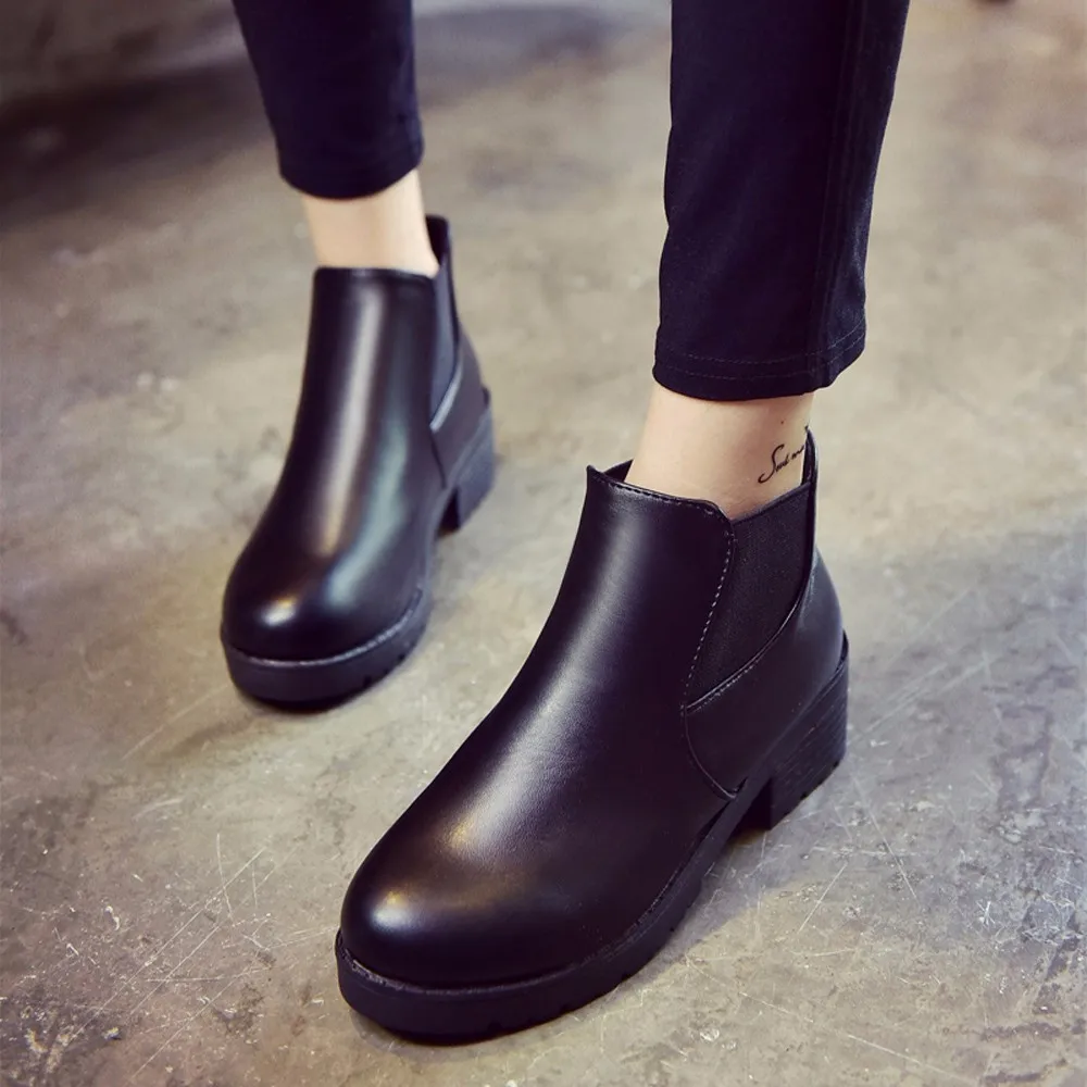 Женские кожаные ботильоны челси на низком квадратном каблуке Zapatos De Mujer Botas Invierno
