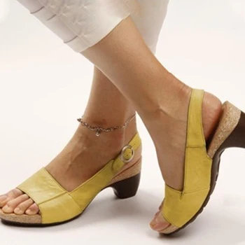 

New Women's Sandals Buckle Strap Mid Heel Open Toe Woman Lady Sandalias Pu Summer Shoes Casual Female Plus Size 35-43 Comfort