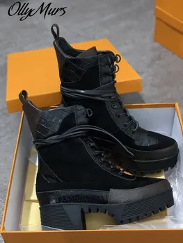 

Famous Brand Shoes Fashion Leather Thick Heel Luxury Women Boots High Heel Shoes Round Toe High Quality Desert Boots Riding