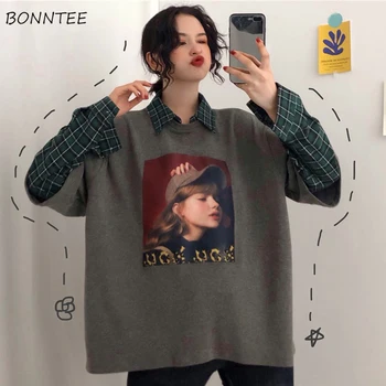 

Hoodies Women Patchwork Plaid Retro Simple Printed -character Pullover Oversize Turn-Down Collar Clothing Womens Leisure Ladies