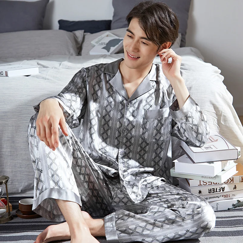100% Real Silk Pajamas For Men Pijama Hombre 2Pcs Pure Silk Pyjama Homme Long Sleeve Button-Down Home Clothes Sleepwear PJ Sets