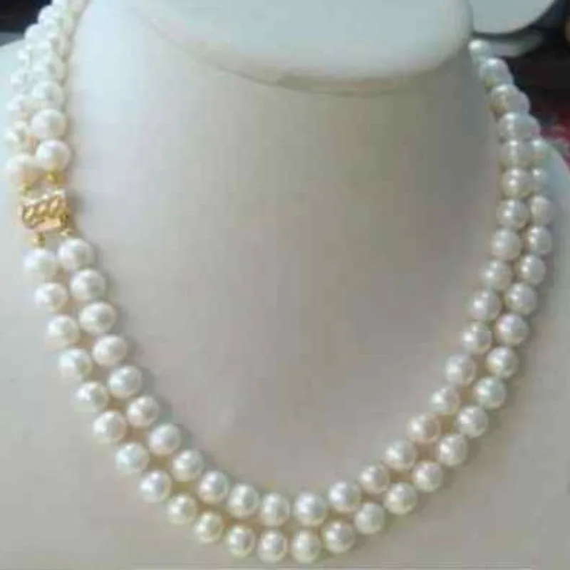 

hot 2 row 7-8MM AKOYA REAL WHITE PEARL NECKLACE 17-18 inch jj