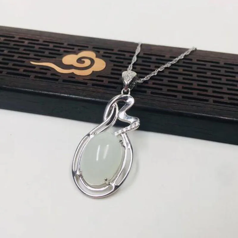 925 Sterling Silver White HeTian Jade Lucky Pendant+ Chain Necklace For Women Fine Jewelry Charm Gift