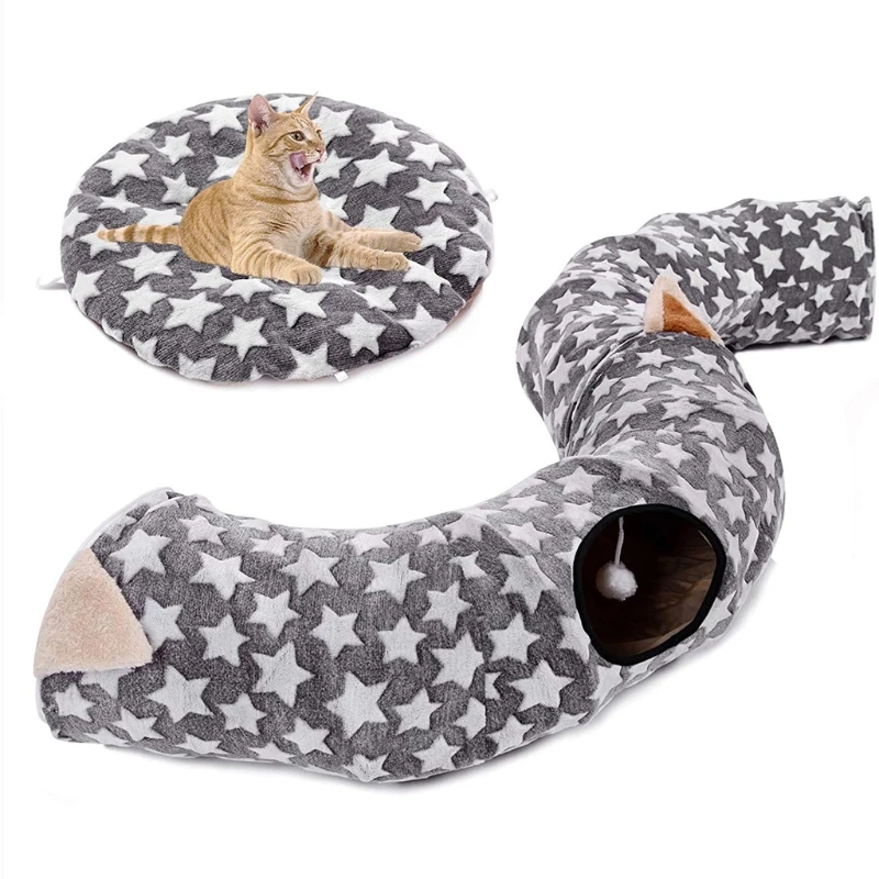 

Plush Cat Dog Tunnel Bed with Cushion Kitten Large Diameter Longer Crinkle Collapsible 3 Way Tube Toy Kitty Puppy Puzzle Toy