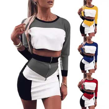 

Sports Sexy Women Set Top+Skirt Set Block Women Long Sleeve Top Zipper One Set