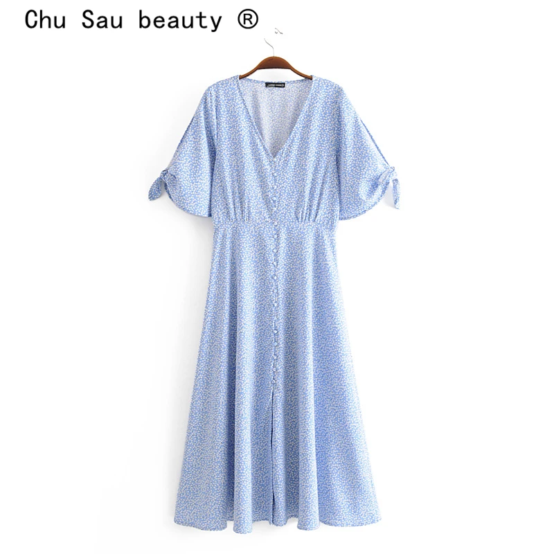 Chu Sau beauty Новое милое красивое платье миди с цветочным принтом женское повседневное стильное однобортное модное платье с v-образным вырезом