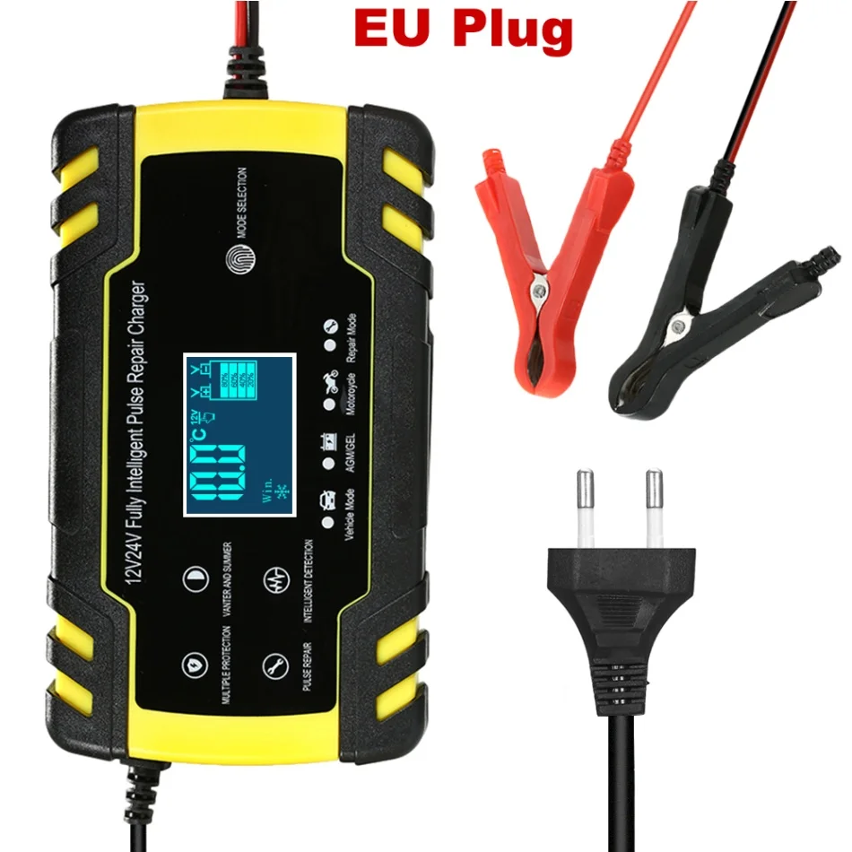 12 В/24 В 8A 3 этапа полностью автоматическое интеллектуальное автомобильное зарядное устройство для мотоцикла свинцово-Кислотное AGM гелевое ЖК-дисплей Быстрая зарядка - Цвет: yellow EU