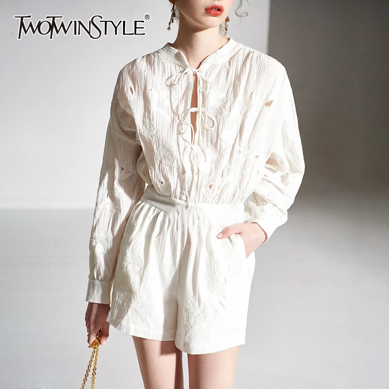 

TWOTWINSTYLE Hollow Out Embroidery Bow Jumpsuit For Women O Neck Long Sleeve High Waist Jumpsuits Female 2019 Autumn Fashion New