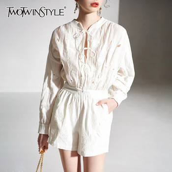 

TWOTWINSTYLE Hollow Out Embroidery Bow Jumpsuit For Women O Neck Long Sleeve High Waist Jumpsuits Female 2020 Autumn Fashion New