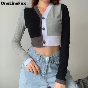 

OneLineFox Patchwork Knitted Casual Crop Cardigan Women Buttons Autumn Long Sleeve V Neck Sweater Ladies Fashion Jumpers Ladies