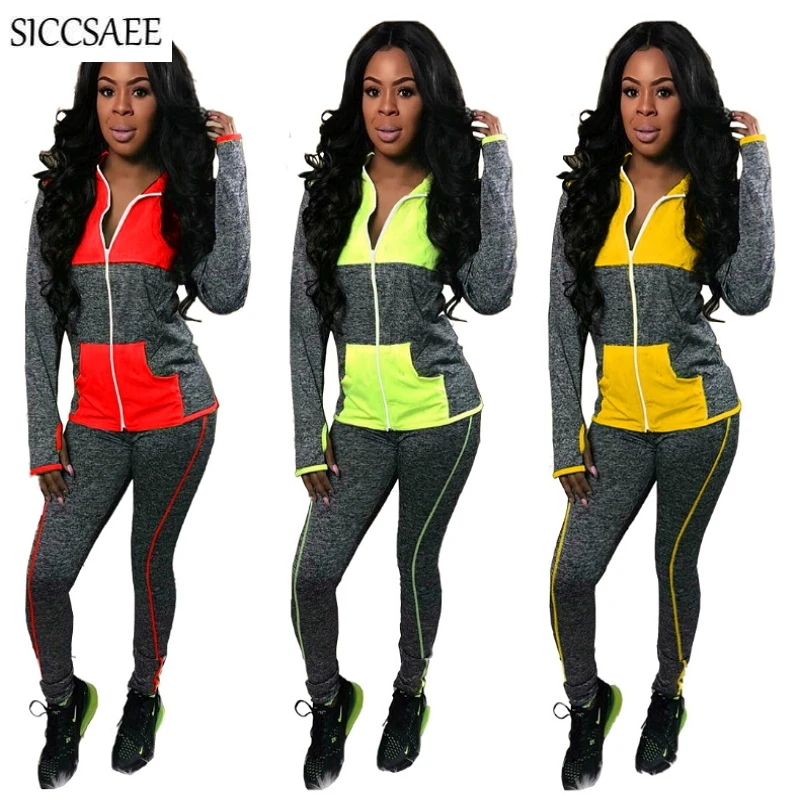 

2019 Autumn Winter New Arrivals Tracksuit For Women Set Clothing Ensemble Femme Contrast Color Patchwork Two Piece Set Loose Activewear Casual Matching Sets Hoody Cardigan Pockets Front