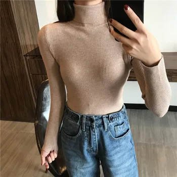 

Women Autumn Base Sweaters Solid Color Thick Turtleneck Warm Slim Knitted Sweater Crop Tops Female Soft Elasticity Pullover