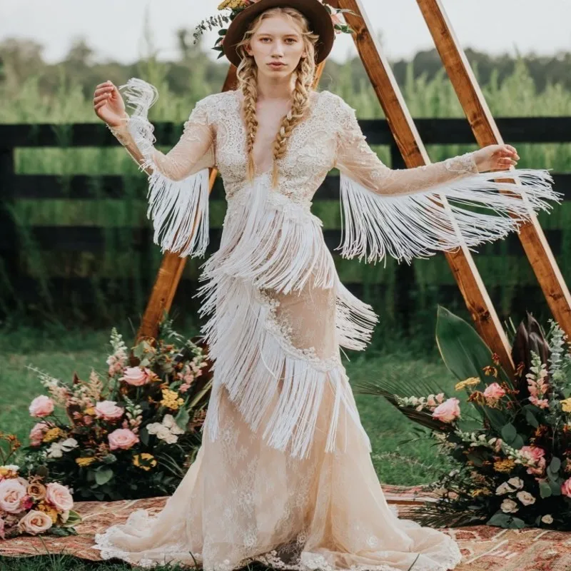 Vestido De Noiva винтажное свадебное платье в богемном стиле цвета шампанского кружевное пляжное свадебное платье с длинными рукавами и кисточками