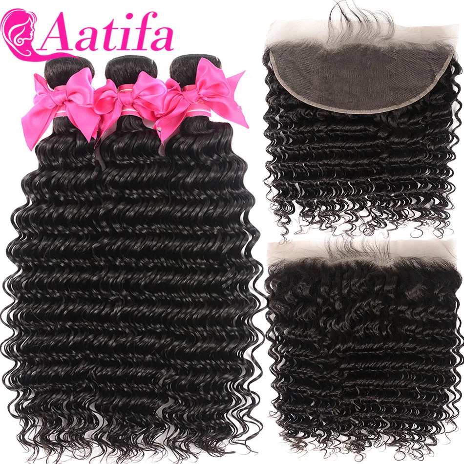 Brazilian Deep Wave Bundles With Frontal Remy 13x4 Lace Frontal With Bundles 100% Human Hair 3 Bundles With Frontal Aatifa Hair