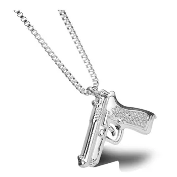 

Fashion Pistol Pendants Necklaces Metallic Gold Black Silver Color Charm Necklace for Men Male Hip Hop Jewelry