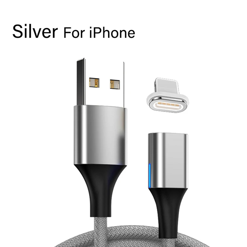 Магнитный usb-кабель 3 А, быстрое зарядное устройство, светодиодный, для IPhone 11, XR, type C, Micro USB, для samsung, xiaomi, Android, мобильный смартфон - Цвет: Silver For  iPhone