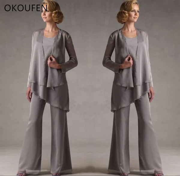 

Mother Of The Groom Grey Chiffon Bridal Mother 3 Piece Pantsuits With Jacket Women Evening Pants Suits Robe De Mere De Mariee