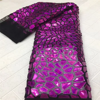 

2020 purple High Quality African Lace Fabric Tulle fabric Embroidery Swiss French Tulle lace big sequins 5 yards Lace Fabric