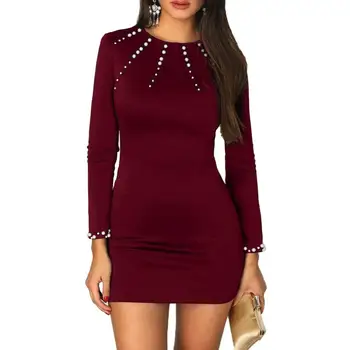 

Women Solid Color O Neck Long Sleeve Imitation Pearls Decor Mini Bodycon Dress Pearls Decor Mini Bodycon Women Dress