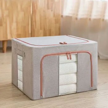 

Clothes Storage Box Zipper Quilt Home Folding Steel Framework Wardrobe Space Saving Cotton Linen Closet Large Capacity Organizer