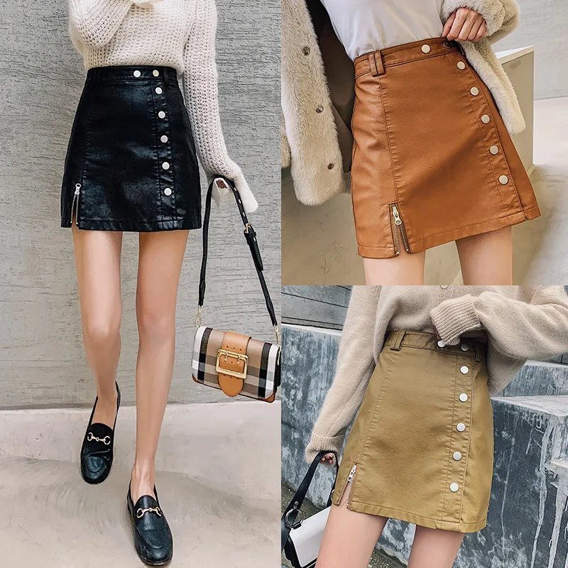 

Buckle A- line Skirt Women's 2019 Autumn And Winter New Style High-waisted Anti-Exposure Slit PU Leather Short Skirt Sheath Skir