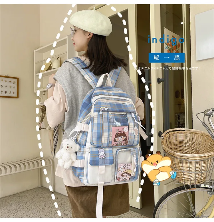 Kawaii College Style Canvas Grid Backpack - Limited Edition