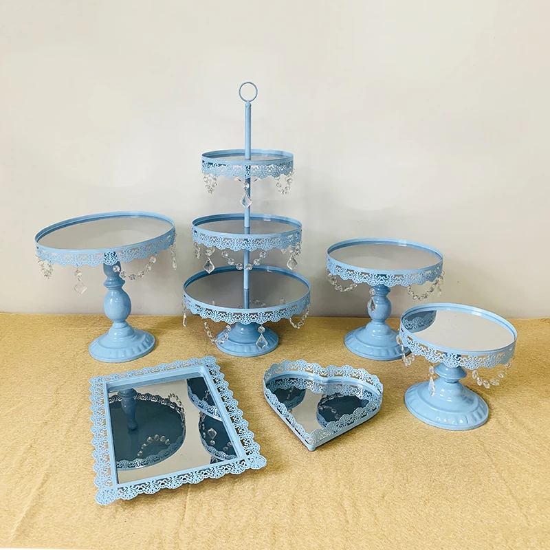 6pcs in set Синие кристаллы торт стенд башня из кексов стенд Свадебные тарелки набор металлические круглые вечерние ДЕСЕРТ ДИСПЛЕЙ с кристаллами бусины - Цвет: 6pcs in set