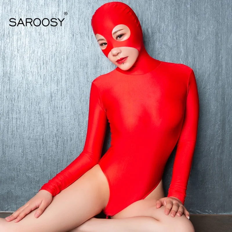 SAROOSY Sexy Bodysiut Women Masked Cat Girl Half Coat Cosplay Costumes Erotic Glossy 2Zipper elastic Bodystocking Sexy Underwear