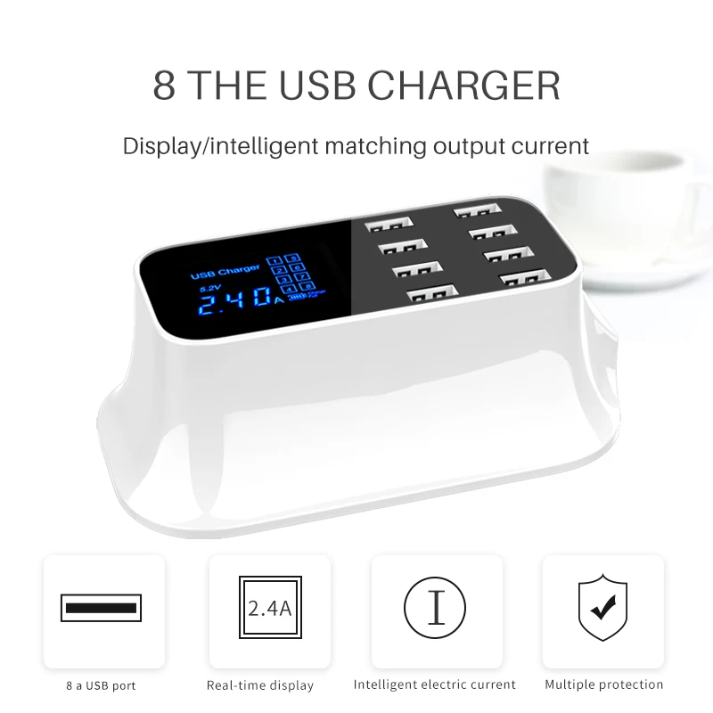 8 портов цифровой ЖК-дисплей USB зарядное устройство для Android iPhone адаптер 2.4A быстрое зарядное устройство для xiaomi huawei samsung