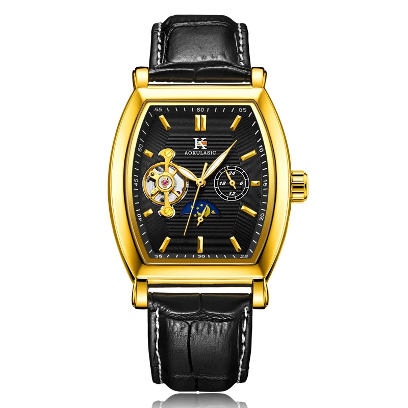 AOKULASIC для мужчин s Новая мода кожаный ремешок Малый 24 часа дисплей Tonneau Moonphase Tourbillon автоматические часы для мужчин спортивные часы - Цвет: black gold