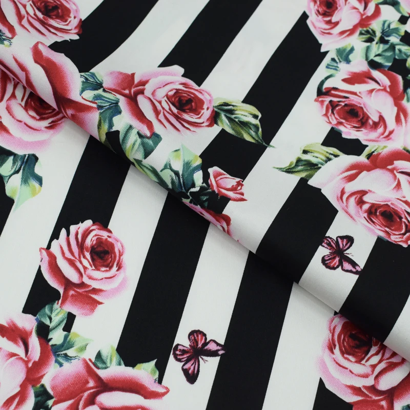 Soft Black and White Striped Rose Butterfly Printed Cotton Stretch Fabric for Dress Shirts by the Meter | Дом и сад
