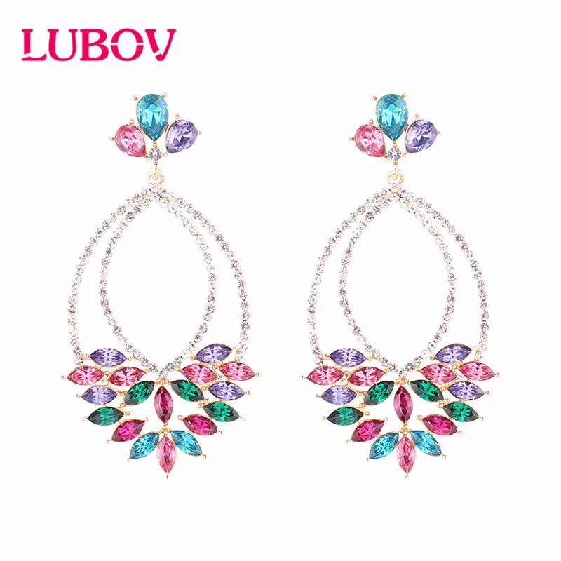

LUBOV 2019 New Colorful Flower Big Brand Design Luxury Starburst Pendant Crystal Drop Earrings Gem Statement Earrings Jewelry