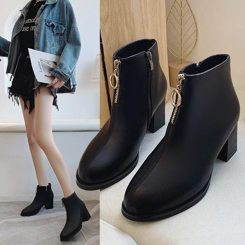 Bottes femme nouveau/Модные женские ботинки зимние плюшевые теплые черные простые кожаные ботинки наивысшего качества на массивном каблуке с молнией спереди; botas mujer