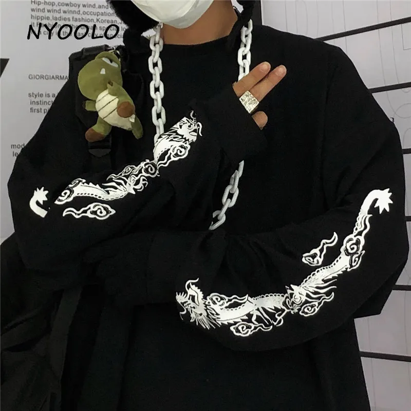 NYOOLO Harajuku стильная Винтажная с драконом Футболка с принтом Осенняя уличная одежда с длинным рукавом Футболка женская мужская одежда Топ тройник