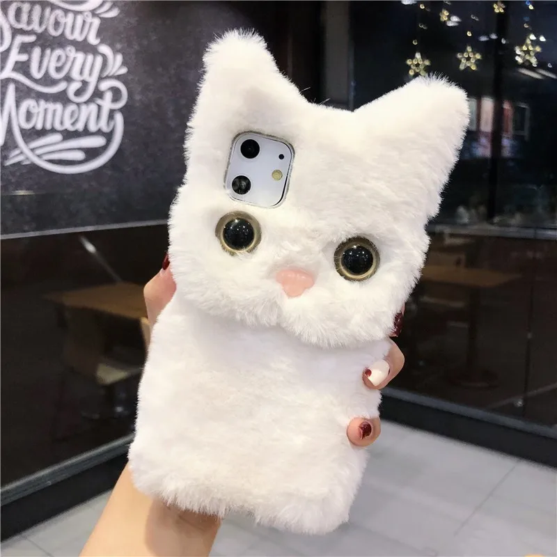 

Fluffy cat Silicone Phone case For Apple iphone 12 Mini 11 Pro Max XS 7 8 6 6S Plus SE 2020 XR X Case plush Fur kitty cover etui