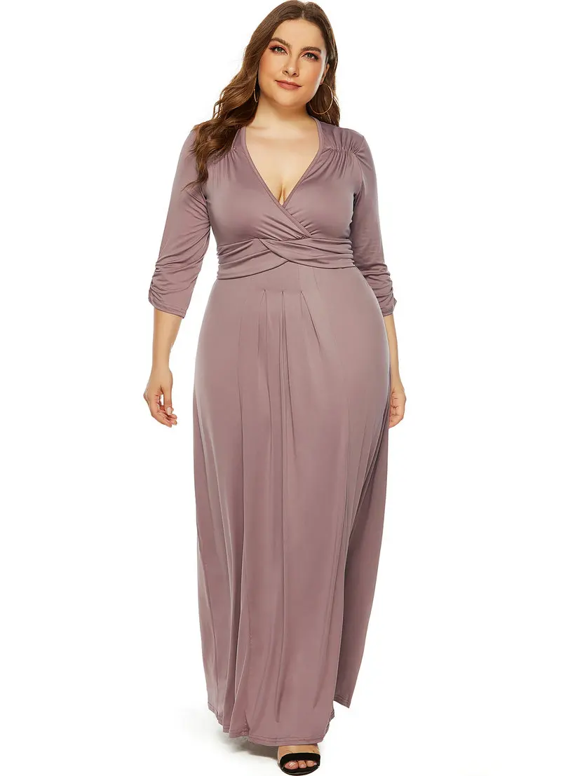 Women's Deep V Neck Slim Sexy Casual Long Dress Half Sleeve Solid Color Stretch Maxi Dresses - Цвет: coffee