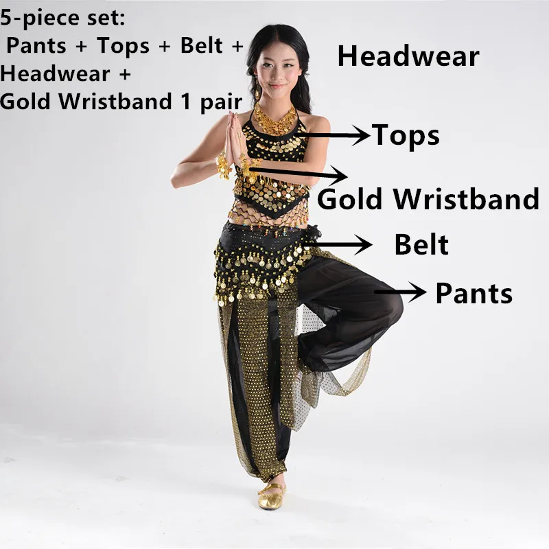 Костюмы для танца живота для продажи, штаны для женщин, Болливуд, индийский Египетский танец живота, платье для танцев размера плюс, для взрослых женщин, индийская одежда - Цвет: Black 5pcs set