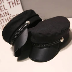 Women's Hat Flat Cap Military Cap Spring Autumn PU Octagonal Cap Solid Color Flat Top Military Hats Young Student Hat Female