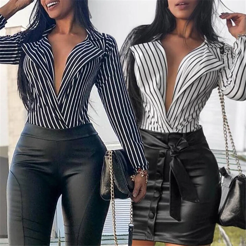 Hot Sale Fashion Elegant Loose Tops Office Lady Blouses Black White Striped Casual Blouse Women Deep V Neck Long Sleeve Shirt Hot Sale Fashion Elegant Loose Tops Office Lady Blouses Black White Striped Casual Blouse Women Deep V Neck Long Sleeve Shirt