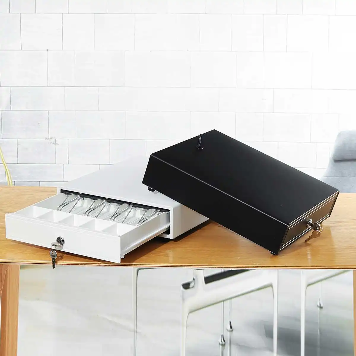 

Heavy Cash Drawer Box With 5 Coin Tray 4 Bill Tray RJ11 Key Three-gear Lock Removable Cash Drawer For Supermarket White/Black
