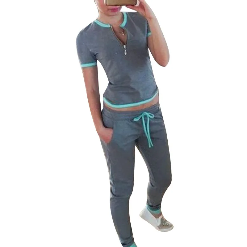 

SFIT 2 Pieces Yoga Sets Women Fitness Tracksuit O-Neck Zippered Patchwork T-shirts+Drawstring Sports Pants Running Gym Suit