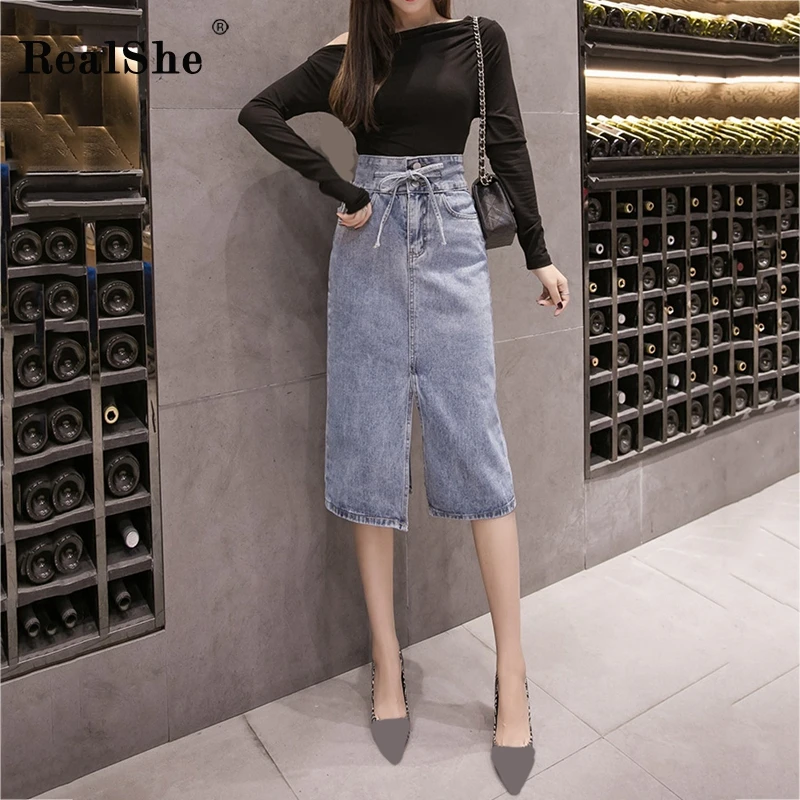 RealShe Women Skirt Long High Waist Solid Bow Bandage Skirts Womens Spring Autumn Denim Skirt Women Elegant Jupe Femme