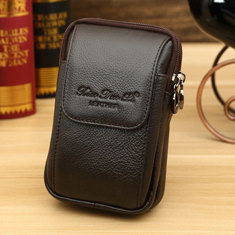 

Genuine Leather male wear belt Waist bag men's mobile phone bag small pockets Key bag pockets multifunction card holder purse