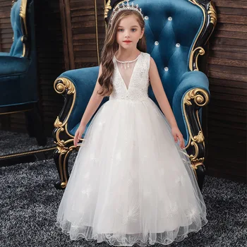 

Fashion Kids Girls Formal Dress, Sweet Style Flower Embroidery Bow Decoration Mesh Long Princess Dress Stage Performance Wedding