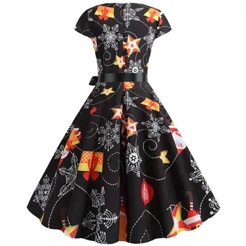 

Print Santa Claus Vintage Dress Women short Sleeve black Dress Elegant Swing Christmas Round collar Party Dresses costumes