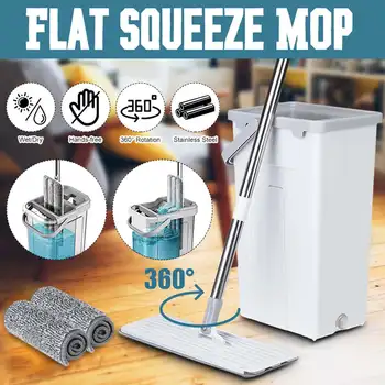 

Flat Squeeze Mop and Bucket Hand-Free Wringing Floor Cleaning Mop Wet Dry Usage Magic Automatic Spin Self Cleaning Lazy Mop