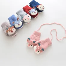 Зимние вязаные перчатки для маленьких мальчиков и девочек, теплые рукавицы с рисунком лося на веревочной веревке, перчатки для детей ясельного возраста, Висячие перчатки для шеи, Детские От 1 до 3 лет