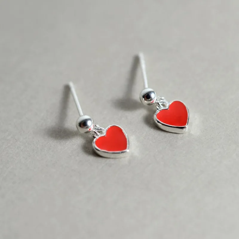 

925 Sterling Silver Earrings Red Love Peach Heart Silver Earrings For Women Simple Temperament Ear Studs Mini Eardrop Jewelry